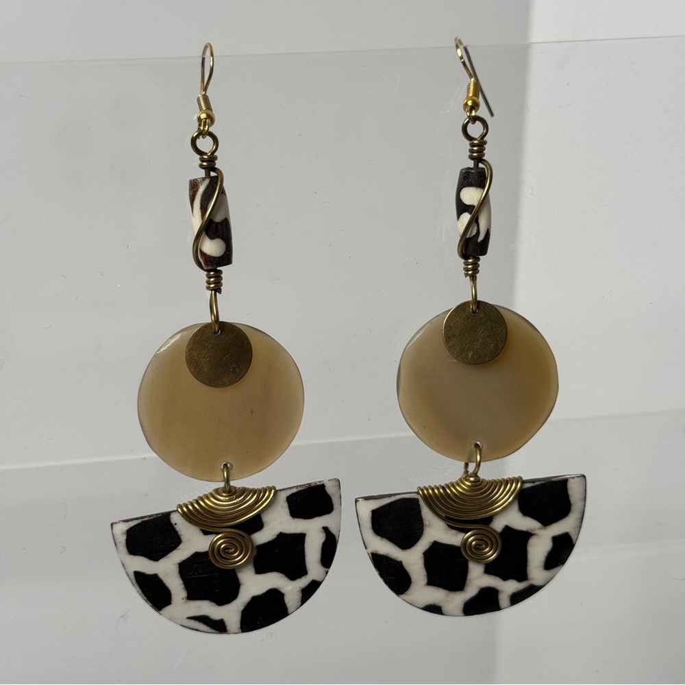 Gold Black Neutral Patterned Earrings - image 1
